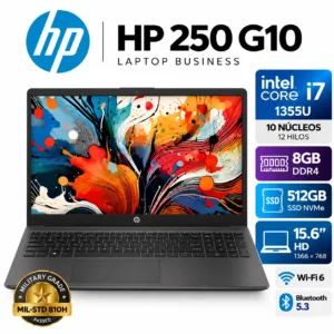 Laptop HP 250 G10 color oscuro, Intel Core i7-1355U, 8GB RAM DDR4, SSD 512GB y pantalla 15.6 pulgadas HD, modelo 9S8U5LA.