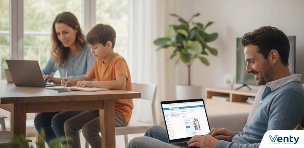 ¿Cómo compartir Microsoft 365 Familia? Guía paso a paso 4 Usuarios trabajando en distintos dispositivos para ilustrar cómo compartir Microsoft 365 Familia entre varios miembros del hogar.