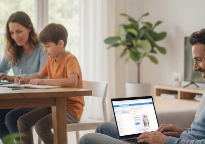 Usuarios trabajando en distintos dispositivos para ilustrar cómo compartir Microsoft 365 Familia entre varios miembros del hogar.