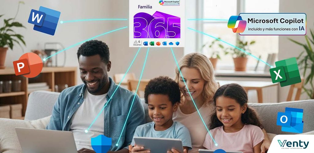 ¿Qué incluye el plan familiar Office 365: apps, almacenamiento y beneficios? 4 Familia utilizando varios dispositivos conectados al plan familiar Office 365 en el hogar.