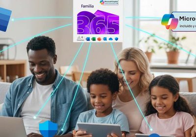 Familia utilizando varios dispositivos conectados al plan familiar Office 365 en el hogar.