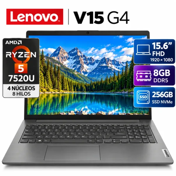 Laptop Lenovo V15 G4 Ryzen 5 7520U, 8GB RAM DDR5, SSD 256GB y pantalla 15.6 pulgadas Full HD 1920x1080.