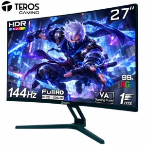 Monitor TEROS Gaming TE-2734S de 27 pulgadas, pantalla curva Full HD, panel VA, 144Hz, 1ms, con soporte negro y diseño gamer.