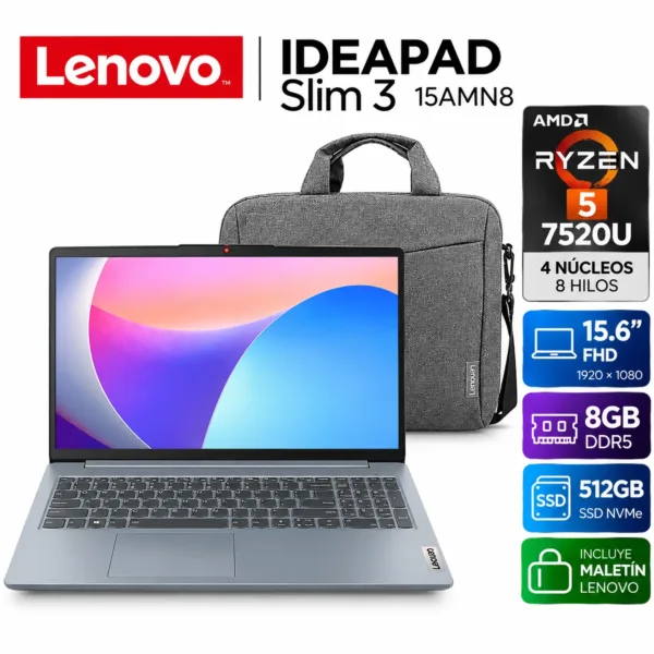Lenovo_IdeaPad_Slim3_15AMN8_Maletin_Ventyweb Laptop Lenovo IdeaPad Slim 3 15AMN8 con maletín Lenovo, AMD Ryzen 5 7520U, 8GB RAM DDR5, SSD 512GB y pantalla 15.6 pulgadas Full HD.