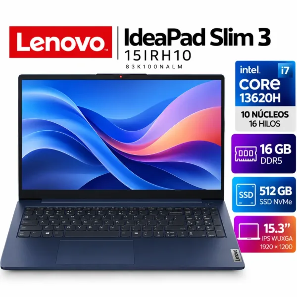 Lenovo_IdeaPad_Slim_3_15IRH10_i7_13620H_Ventyweb Laptop Lenovo IdeaPad Slim 3 15IRH10, Intel Core i7-13620H, 16GB RAM DDR5, SSD 512GB NVMe, pantalla IPS WUXGA de 15.3 pulgadas, color azul cósmico.