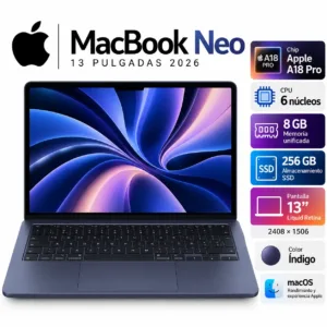 Laptop Apple MacBook Neo con chip A18 Pro, 8GB de memoria unificada, SSD 256GB, pantalla Liquid Retina de 13 pulgadas y color índigo.